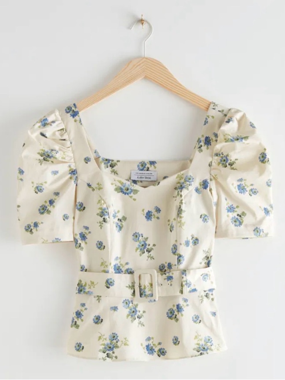 & Other Stories Floral Puff Sleeve Peplum Top in Cream and Blue